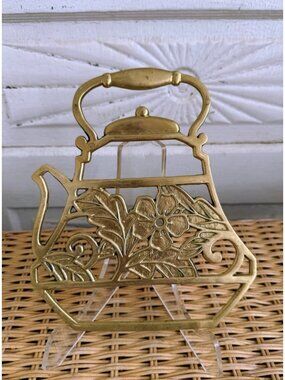 Vintage 70s Brass Trivet Hot Plate Floral Teapot Shaped Kitchen Decor